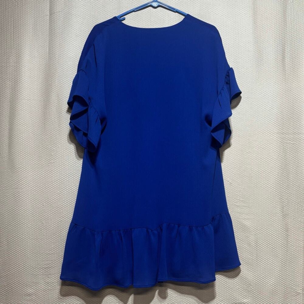 Tyche Womens M Royal Blue Ruffle Sleeve V-Neck Crepe Mini Dress Flounce Hem Chic - Picture 8 of 8